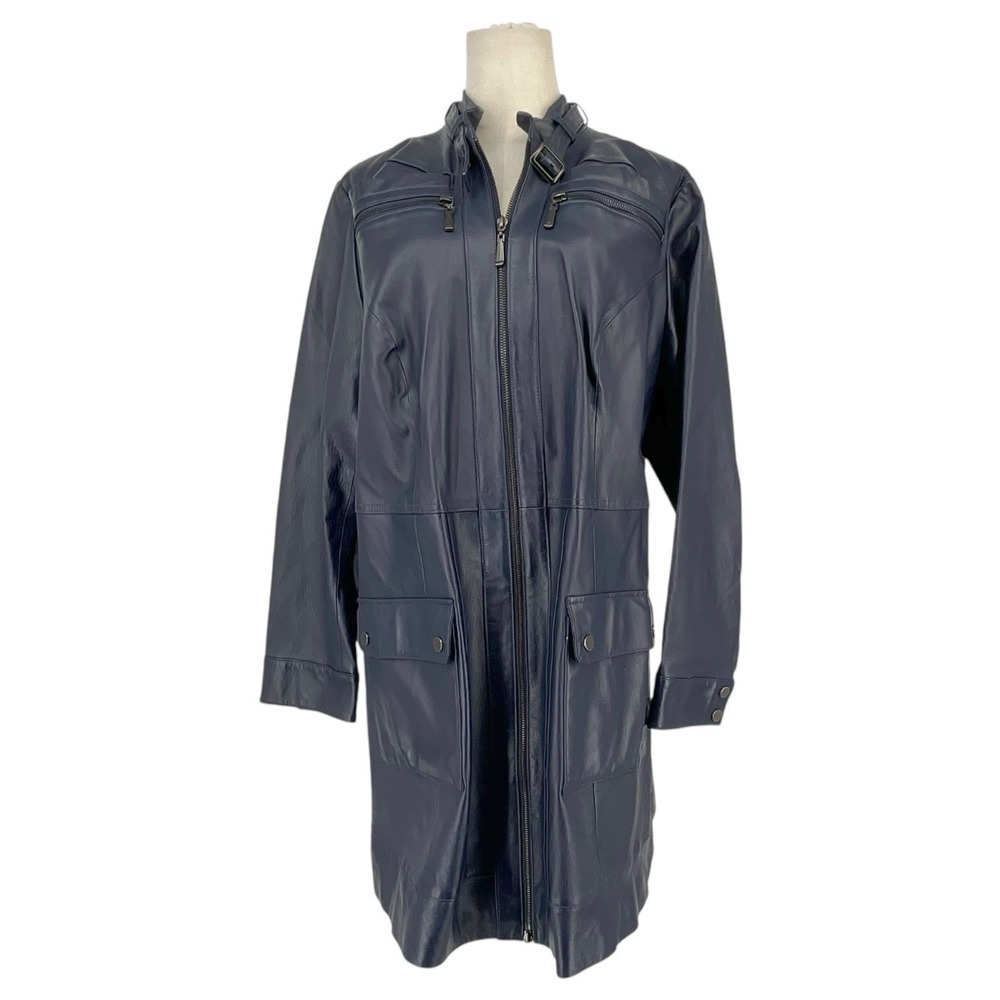 Jessica London Navy Blue Leather Car Coat Jacket Womens Sz‎ 16 Full Zip Buckle - Picture 2 of 9